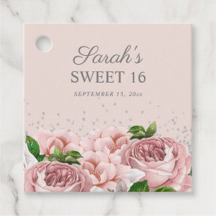 Rosa Rosen Blumen Silber Glitter Sweet 16 Geschenkanhänger