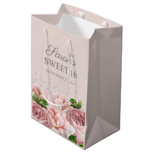 Rosa Rosen Blumen Silber Glitter Sweet 16 Mittlere Geschenktüte