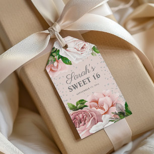 Rosa Rosen Blumen Silber Glitter Sweet 16 Name Geschenkanhänger