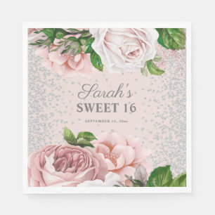 Rosa Rosen Blumen Silber Glitter Sweet 16  Serviette