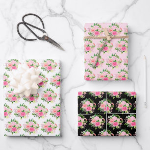 Rosa Rosen Blumen und Grün Geschenkpapier Set