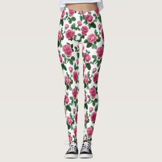 Rosa Rosen-Blumenmuster Leggings (Vorderseite)