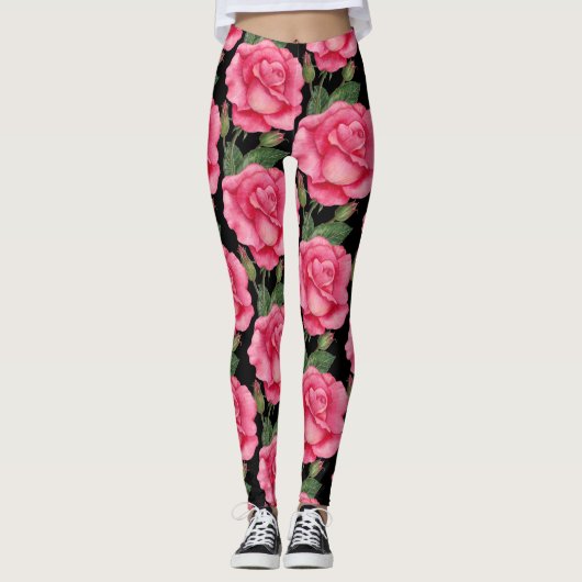 Rosa Rosen Blumenmuster Schwarzer Hintergrund Leggings (Vorderseite)