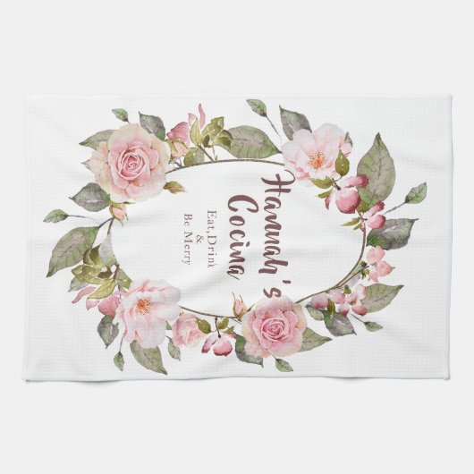 Rosa Rosen-Blumenrahmen "Cocina " Geschirrtuch (Horizontal)