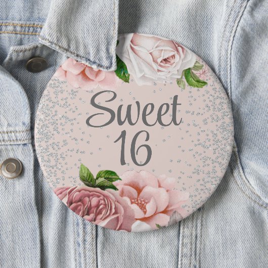 Rosa Rosen Blütenblättriger Glitzer Sweet 16 Button (Beispiel)