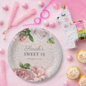 Rosa Rosen Blütenblättriger Glitzer Sweet 16 Pappteller (Party)