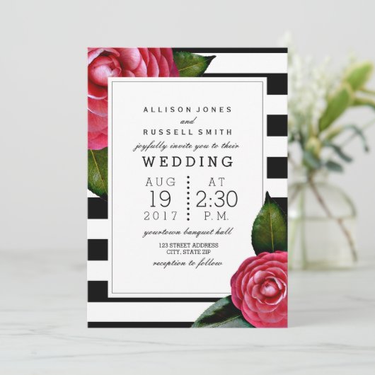 Rosa Rosen Blütenschwarz + Weiße Stripensehen Einladung (Stehend Vorderseite)