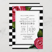 Rosa Rosen Blütenschwarz + Weiße Stripensehen Einladung (Vorne/Hinten)