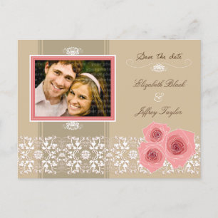 Rosa Rosen-Damast-Spitze-Save the Date Postkarte