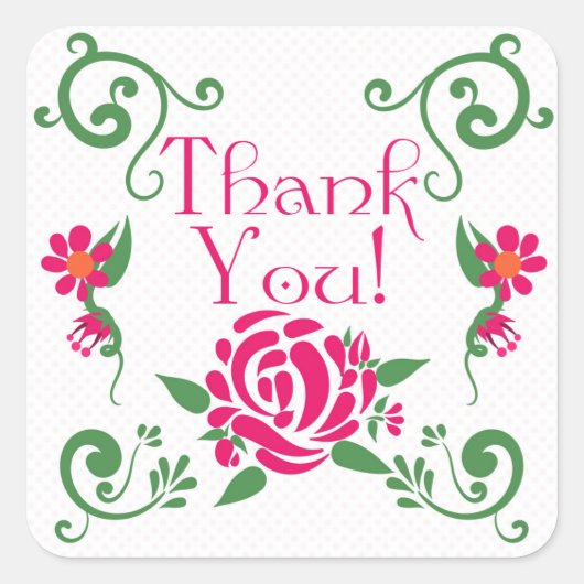 Rosa Rosen Danke Square Sticker, Glossy Quadratischer Aufkleber (Vorderseite)