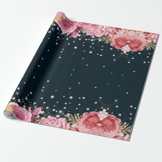 Rosa Rosen Diamanten Marineblau elegant Geschenkpapier (Ungerollt)