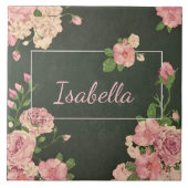 Rosa Rosen Druck, personalisierter Name Fliese (Vorderseite)