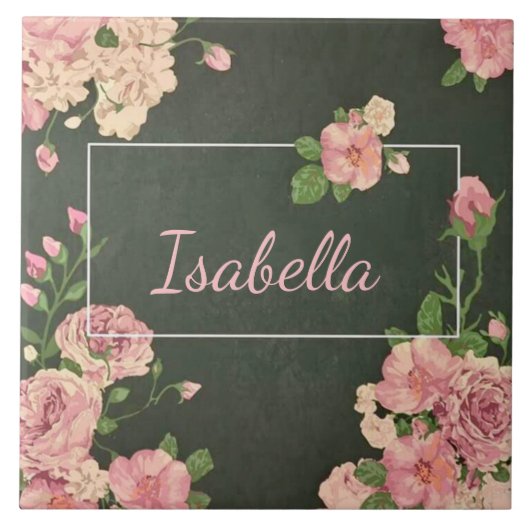 Rosa Rosen Druck, personalisierter Name Fliese (Vorderseite)