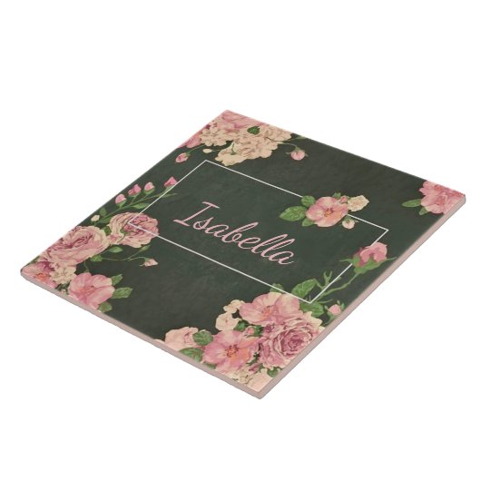 Rosa Rosen Druck, personalisierter Name Fliese (Seite)