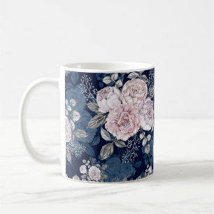 Rosa Rosen Dunkelblau: Vintag Kaffeetasse