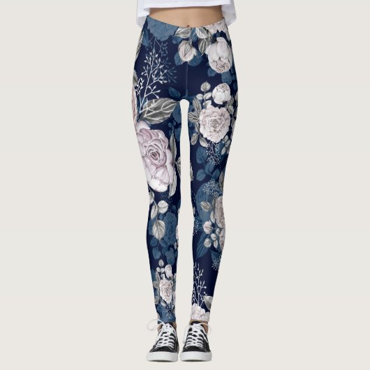 Rosa Rosen Dunkelblau: Vintag Leggings (Vorderseite)