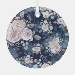 Rosa Rosen Dunkelblau: Vintag Ornament Aus Glas