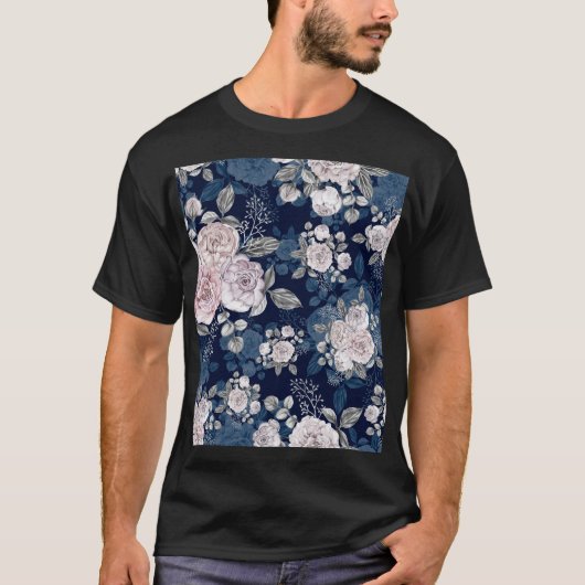 Rosa Rosen Dunkelblau: Vintag T-Shirt (Vorderseite)