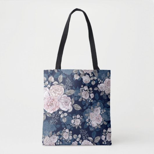 Rosa Rosen Dunkelblau: Vintag Tasche (Vorderseite)