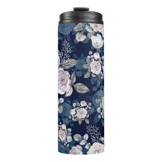 Rosa Rosen Dunkelblau: Vintag Thermosbecher (Vorderseite)