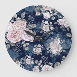 Rosa Rosen Dunkelblau: Vintage Große Wanduhr