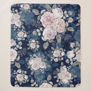 Rosa Rosen Dunkelblau: Vintage Sherpadecke