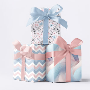 Rosa Rosen-Eisblau- und Weißmuster Geschenkpapier Set