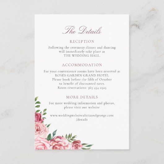 Rosa Rosen elegante Hochzeitsunterkunft Details Begleitkarte (Vorderseite)