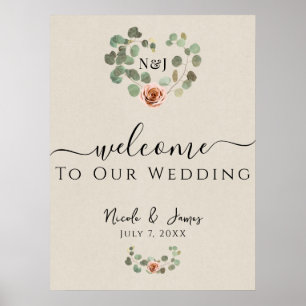 Rosa Rosen- & Eukalyptus-Herz Rustikale Hochzeit  Poster