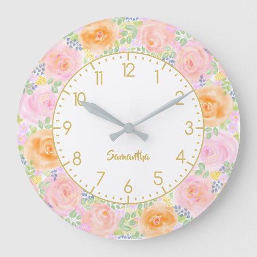 Rosa Rosen Extravagant Große Wanduhr (Vorderseite)