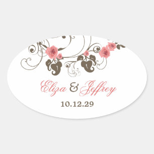 Rosa Rosen Fleur Floral Eleganter Hochzeitsaufkleb Ovaler Aufkleber
