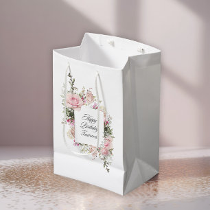 Rosa Rosen Floral Alles Gute zum Geburtstag mit Na Mittlere Geschenktüte