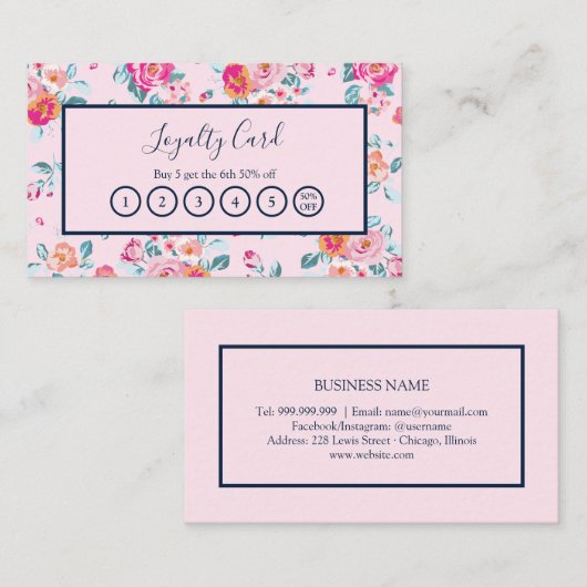 Rosa Rosen floral auf Navy Blue Loyalty Punch Card Visitenkarte (Vorne/Hinten)