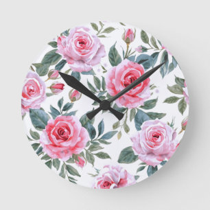 Rosa Rosen Floral Cottagecore Wasserfarbenmuster Runde Wanduhr