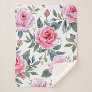 Rosa Rosen Floral Cottagecore Wasserfarbenmuster Sherpadecke
