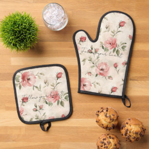 Rosa Rosen Floral Creme-Rouge Ofenhandschuh & Topflappen-Set