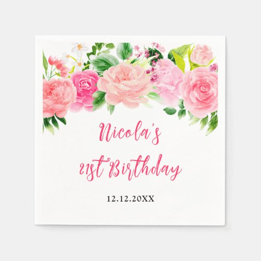 Rosa Rosen Floral Geburtstag Serviette (Vorderseite)