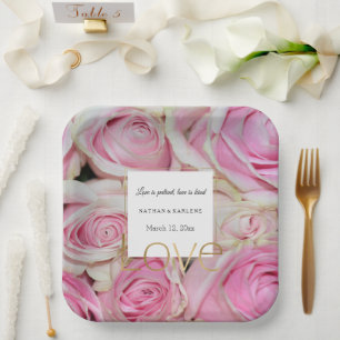 Rosa Rosen Floral Gold Liebe Hochzeit  Pappteller