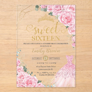 Rosa Rosen Floral Gold Prinzessinnen Kleid Sweet 1 Acryleinladungen