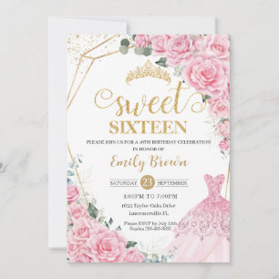 Rosa Rosen Floral Gold Prinzessinnen Kleid Sweet 1 Einladung