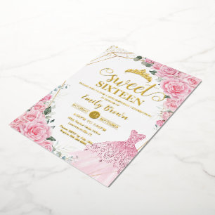 Rosa Rosen Floral Gold Prinzessinnen Kleid Sweet 1 Folieneinladung