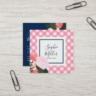 Rosa Rosen Floral und Pink Gingham Quadratische Visitenkarte