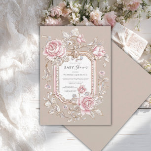 Rosa Rosen Florale Beige Vintage Babyparty Einladung
