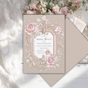 Rosa Rosen Florale Beige Vintage Brautparty Einladung