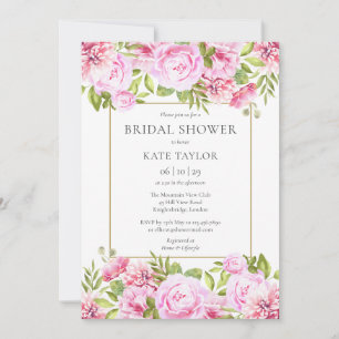 Rosa Rosen Florale Elegante Goldene Hochzeitstorte Einladung