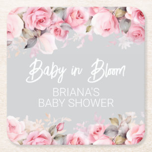 Rosa Rosen Florale Graue Baby Shower Mädchen Rechteckiger Pappuntersetzer
