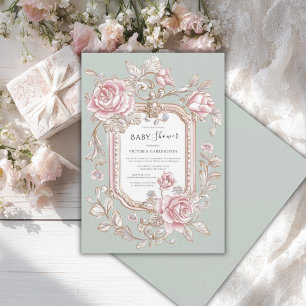Rosa Rosen Florale Sage Grün Vintage Babyparty Einladung