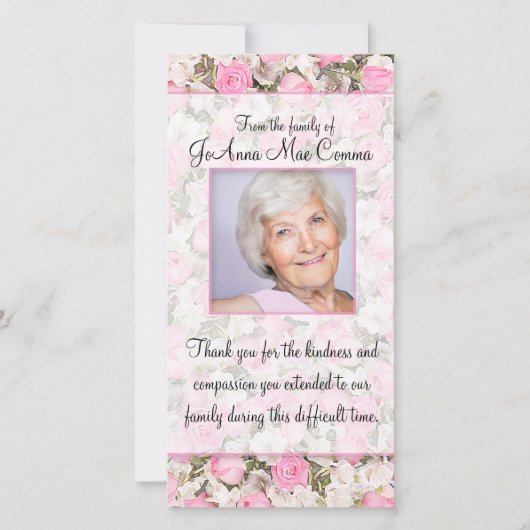 Rosa Rosen-Foto-Beileid danken Ihnen zu kardieren Dankeskarte (Vorderseite)