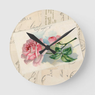 Rosa Rosen-Französische-Postkarten-Wanduhr Runde Wanduhr