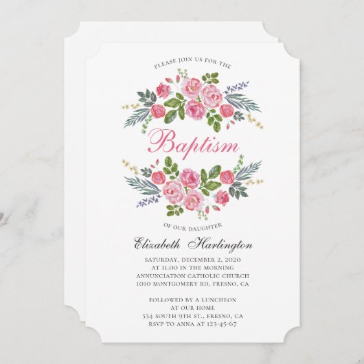 Rosa Rosen. Garten Blume. Taufe für Mädchen Einladung (Vorne/Hinten)